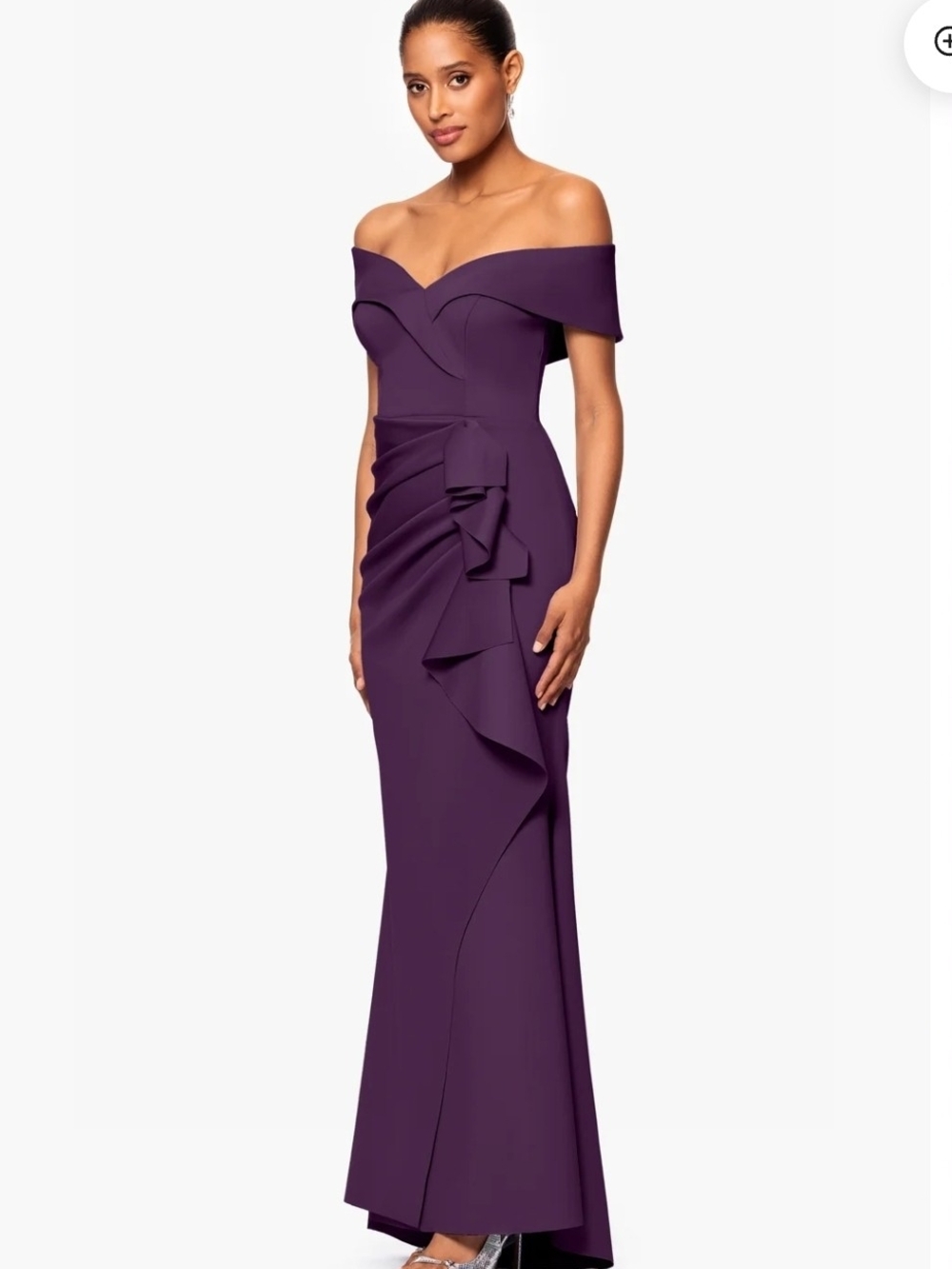 Xscape Dress Off-Shoulder Ruffle Gown Purple Patti Techno Scuba Size 16 - Picture 4 of 12